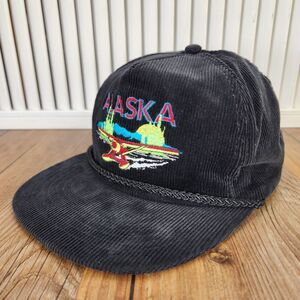 VTG A.C.E. Alaska Corduroy Snapback Rope Hat Cap Black Floatplane 80s Frontier